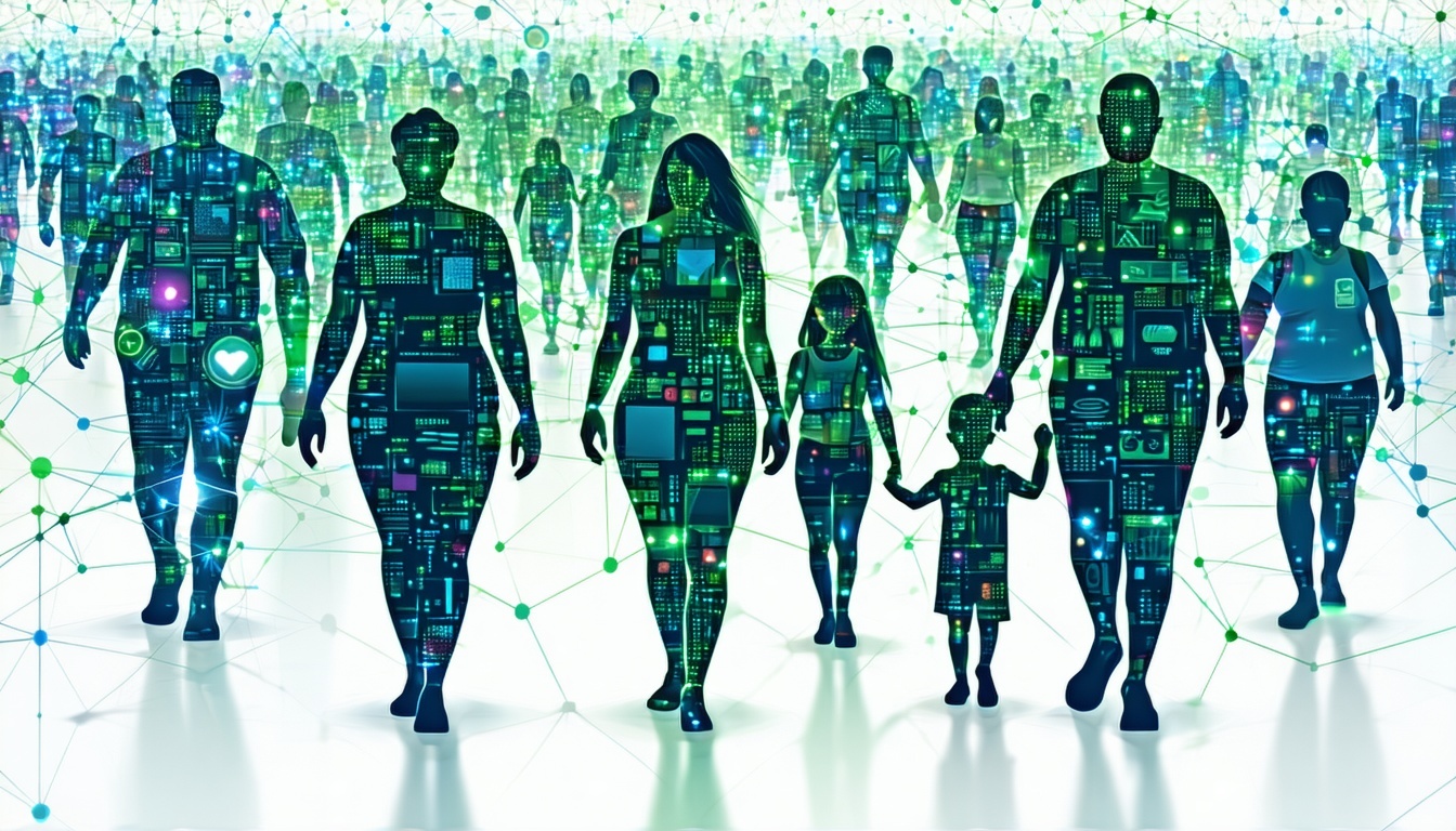 A myriad of abstracted overweight body shapes both male and female of different ages and ethnicities and genders all clad in various forms of clothing some accompanied by young children The network backdrop in which they walk is infused with vivid sh-2