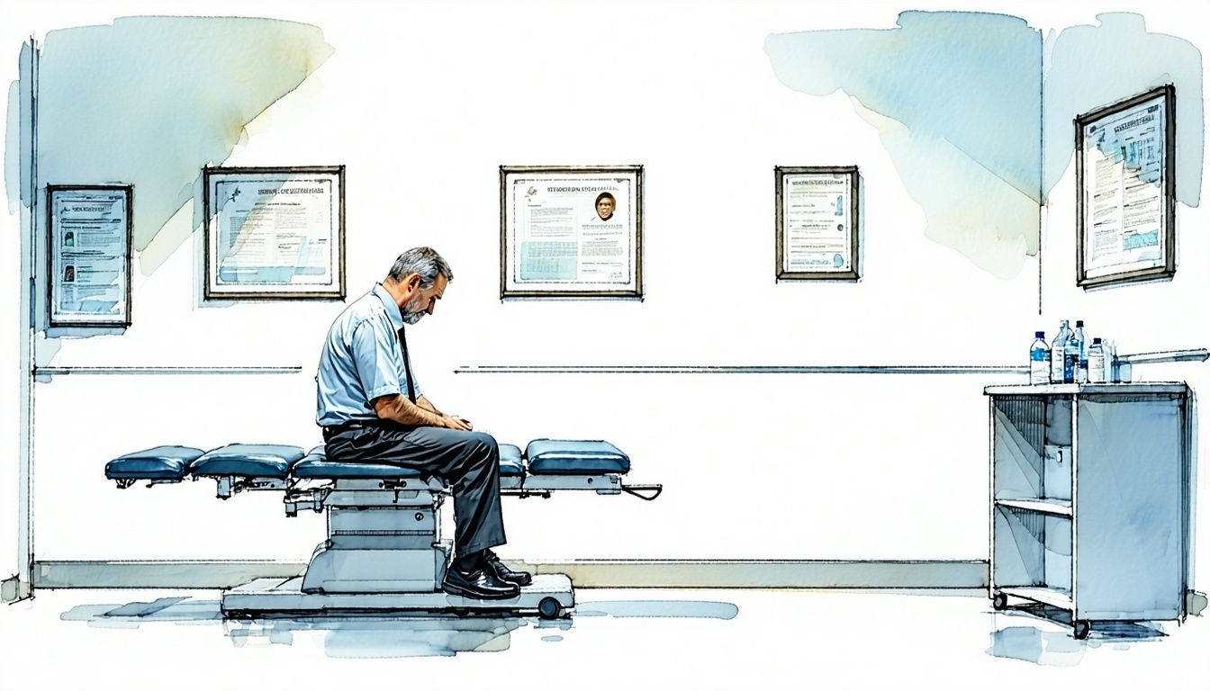 Abstract image depicts a dimly lit sterile doctors office where a male aged 45 dressed in civilian clothes sits nervously on an examination table fidgeting with their hands The walls are a muted pastel adorned with framed medical degrees and health p