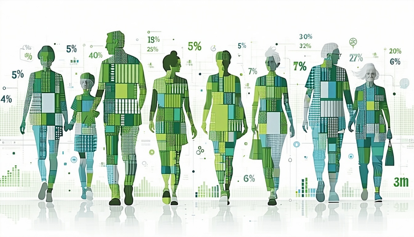 Abstract image of people of different ages  including elderly  and races surrounded by numbers percentages charts graphs checklists White background light lime green light blue and light grey