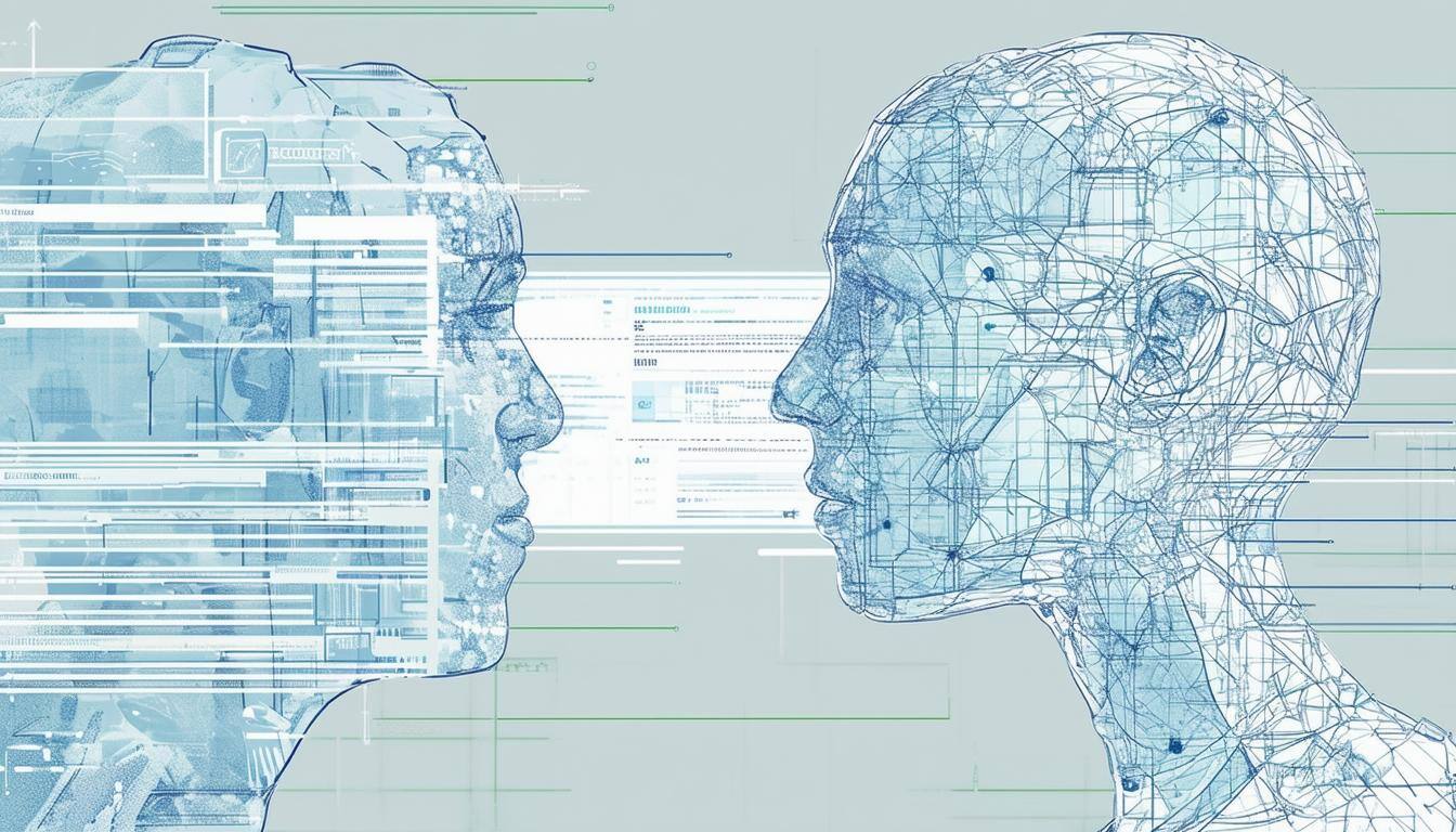 An image of a person interacting with a complex AI system, trying to bridge the gap between datadriven analysis and the holistic real nature of human-3 An image of a person interacting with a complex AI system, trying to bridge the gap between datadriven analysis and the holistic real nature of human-3