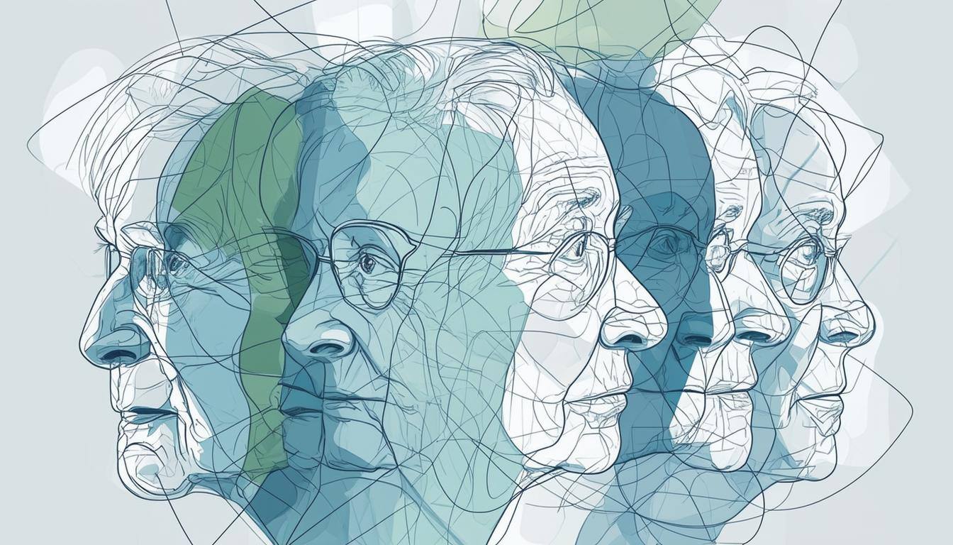 The overlapping faces of elderly nursing home residents with a background of interconnecting lines The overlapping faces of elderly nursing home residents with a background of interconnecting lines